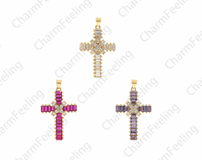 18K Gold Filled Cross Pendant,Religious Charm,Cross Charm,Christian Charm,Micropavé CZ Cross Necklace,DIY Jewelry Accessories,38x22x4mm