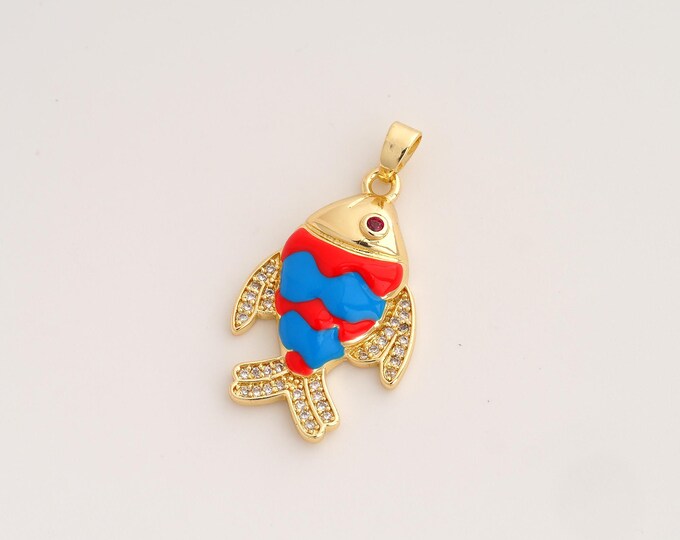 Enamel Fish Pendant,CZ Marine Life Pendant,18K Gold Filled Fish Charm,DIY Jewelry Accessories,33x17.7x4.8mm