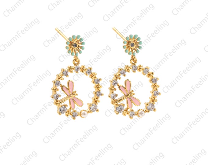 CZ Dragonfly studs ， Dragonfly Jewelry ，Insect studs ，Dragonfly Lover gift  1 pair