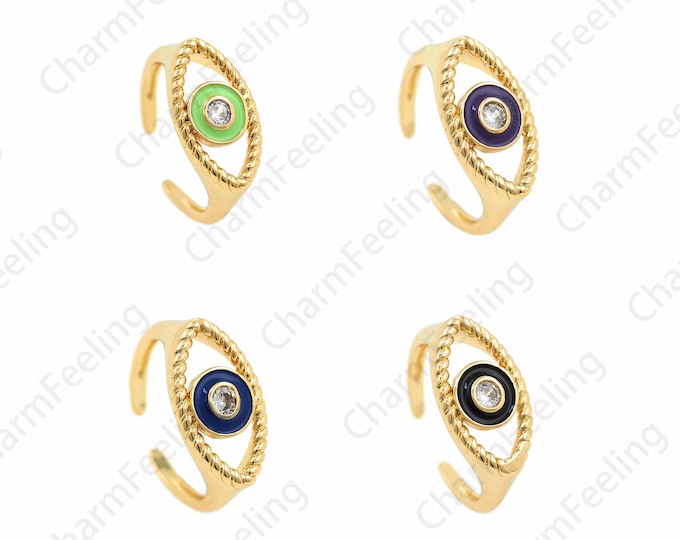 Micropavé CZ Big Eye Ring, 18K Gold Filled Thin Ring, Enamel Ring, Eye Ring, Gold Open Ring, Adjustable Ring, Eye Charm, Eye Ring