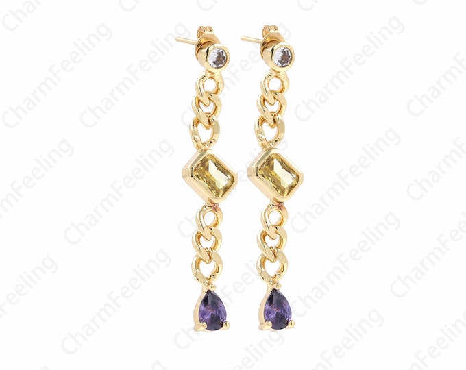 Boho Earrings, Micropavé CZ Fringe Earrings, 18K Gold Filled Long Earrings, Bar Earrings,Drop Earrings, DIY Jewelry Supplies, 9x49x3.8mm