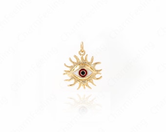 Round Pendant, Micropavé CZ Eye Pendant, Sun Eye Charm, 18K Gold Filled Sun Necklace, DIY Jewelry Supplies, 21.3x17.5x3mm