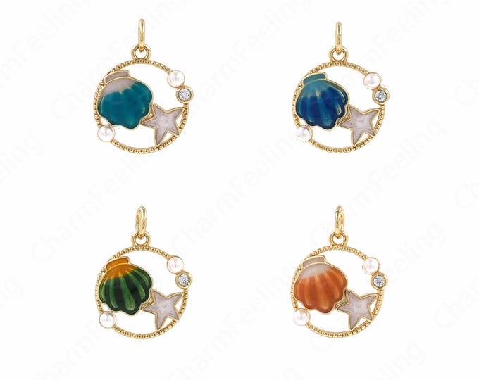 Dainty Beach Charm, Enamel Shell Pendant,18K Gold Filled Beach Necklace, Shell Necklace, Shell Charm, DIY Jewelry Supplies,19.5x14.5x3.5mm