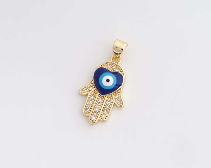 CZ Hamsa Pendant,Enamel Heart Evil Eye Pendant,18K Gold Filled Fatima Charm,DIY Jewelry Accessories,27.2x13.8x4mm