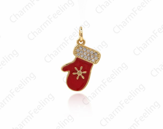Micro-Pave Enamel Christmas Glove pendant, Christmas Gift, Glove Charm, Red Glove Pendant, Enamel Charm 20x13x1.5mm 1pcs