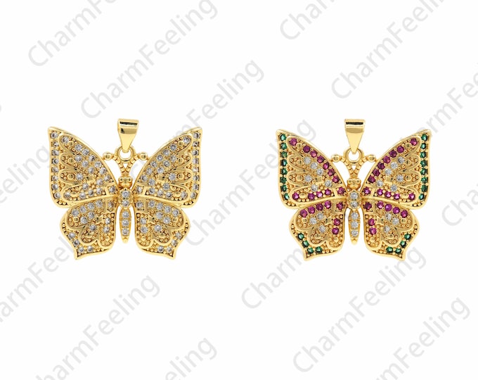 Insect Charm, Micropavé CZ Flying Necklace, Butterfly Charm, 18K Gold Filled Butterfly Pendant,DIY Jewelry Accessories,24x26x3.5mm