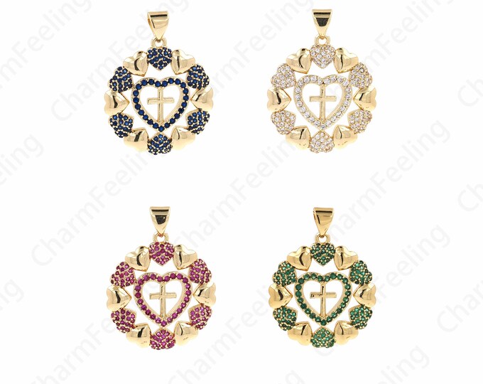 Religious Charm, 18K Gold Filled Cross Pendant, Heart Pendant, Heart Charm, DIY Jewelry Making Accessories 28.5x22x2.5mm