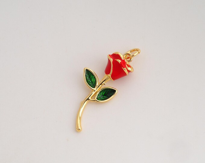 Enamel Rose Flower Pendant,Flower Pendant,18K Gold Filled Red Rose Charm,DIY Jewelry Accessories,30x11.7x7mm