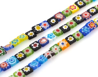 Flat beads, Murano Glass Beads, Square Glass Beads, Thousand Flower Beads, Flower Jewelry, Rectangular Beads, DIY Jewelry Supplies, 6\8mm