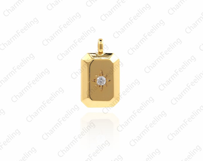 CZ North Star Pendant，Star Rectangle Charm，Gold plated Brass Medallion 15.5× 8.7 ×2.4mm 1pcs