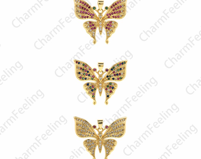 Butterfly Pendant,Butterfly Charm,18K Gold Filled Flying Charm,Insect Charm,Micropaved CZ Butterfly Necklace,DIY Jewelry Accessories,27x32x3