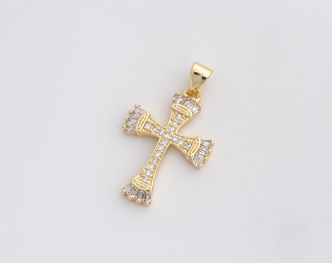18K Gold Filled Cross Pendant,Religious Charm,Cross Charm,Christian Charm,Micropavé CZ Cross Necklace,DIY Jewelry Accessories,30x17.8x2.6mm