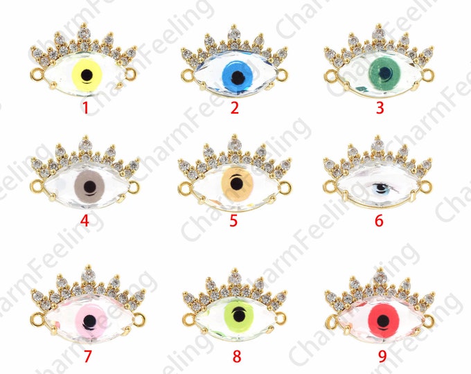 18K Gold Filled Eye Connector, Eye Charm, Micropavé CZ Demon Eye Connector, DIY Bracelet Necklace Making Accessories, 16x23x7mm