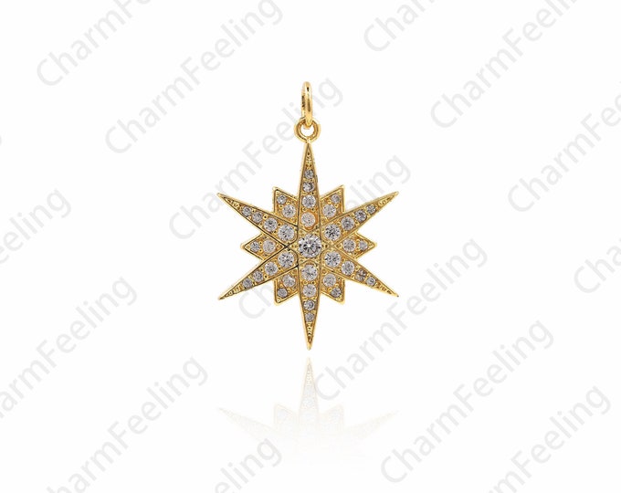 Polaris Pendant, Golden Polaris Pendant, Micro-Pave Star Pendant, Pendant For Necklace Ornaments, Golden Star Charm 27.7x18.9x2.3mm 1pcs