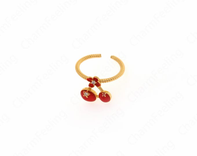 18K Gold Filled Strawberry Enamel Ring, Enamel Charm, Strawberry Charm, Enamel Multicolor Ring, Golden Open Ring,Adjustable Ring, Fruit Ring