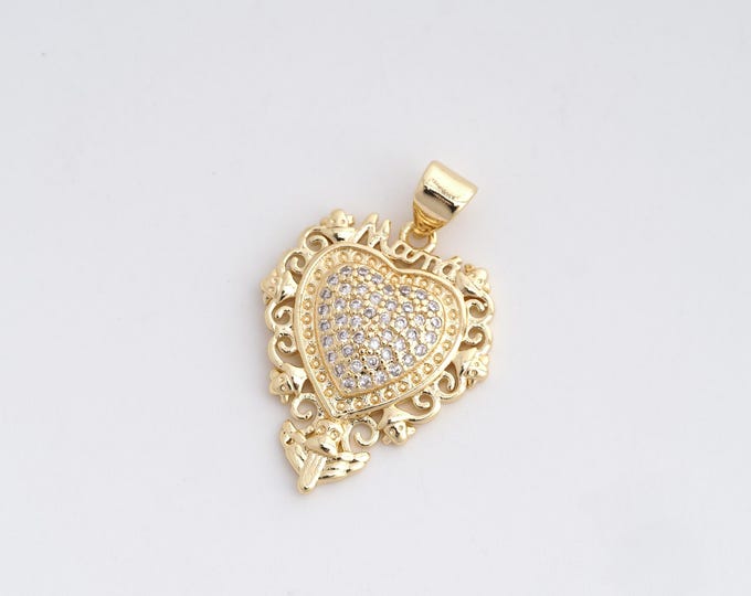Heart Charm, Micropavé CZ Heart Pendant, 18K Gold Filled Love Necklace,DIY Jewelry Accessories,27.2x18.6x3mm