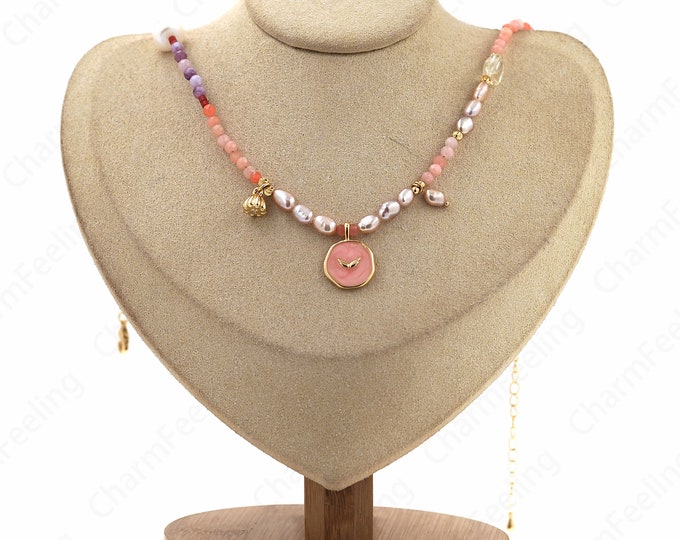 18K Gold Filled Butterfly Necklace, Pearl Necklace, Round Pendant Necklace, Gemstone Necklace, Jewelry Necklace, Gift For Her,39cm+6cm