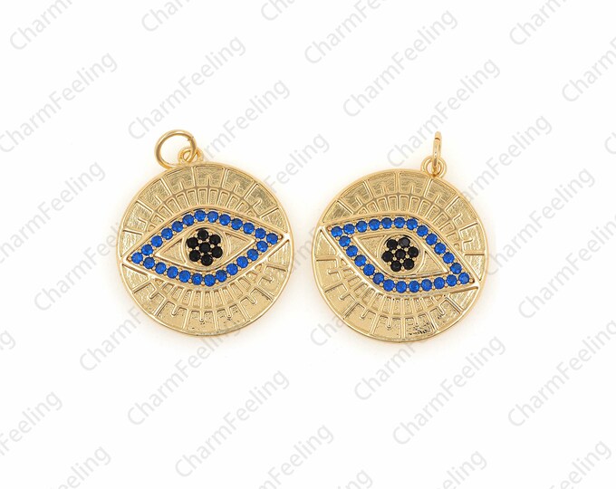Round Coin Blue Eye Pendant，Cubic Zirconia Charm，CZ Micro Pave Eye Necklace Bracelet 26×20×2mm  1pcs