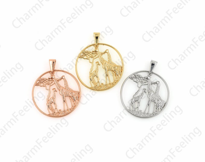 18K Gold Filled Round Giraffe Pendant, Hollow Giraffe Necklace, Giraffe Charm, Animal Charm, Animal Necklace, 35x28x2.5mm