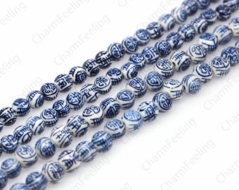 Ceramic Longevity Beads,Band-Painted Ceramic Beads,Chinese Style Retro Beads,Blue And White Porcelain Beads Ball Beads,8/10/12mm