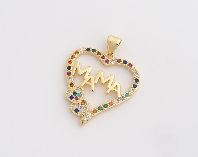 CZ MAMA Pendant,Heart Pendant,18K Gold Filled Letter Charm,DIY Jewelry Accessories,30.3x23.6x2.3mm