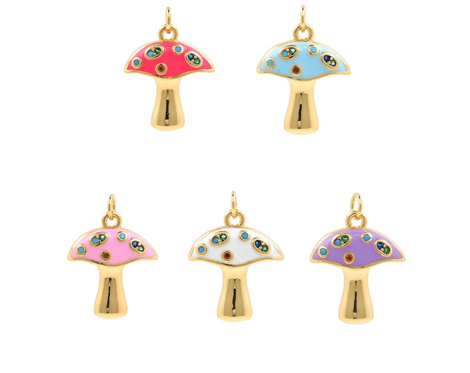18K Gold Filled Enamel Fungus Necklace, Exquisite Mushroom Pendant, Micropavé CZ Mushroom Charm,Gourmet Necklace, Food Pendant 19x13.5x3.5mm