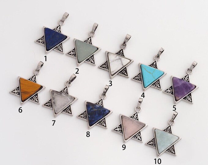 Natural Stone Jewish Star Pendant,David Star Gemstones Charms,Dainty Vintage Silver Charm,DIY Jewelry Accessories,36.8x23.7x4mm