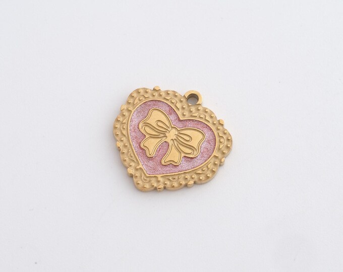 Stainless Steel Heart Pendant,Bow Charms,Enamel Love Charm, DIY Jewelry Supplies, 16.2x16.4x1.2mm