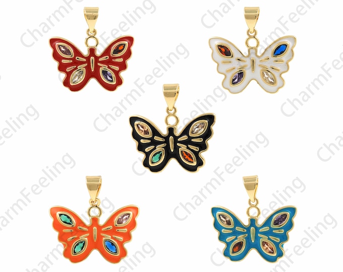 Micropavé CZ Butterfly Necklace, 18K Gold Filled Butterfly Pendant,Insect Charm,Enamel Charm,DIY Jewelry Making Accessories,20.5x20x2.2mm