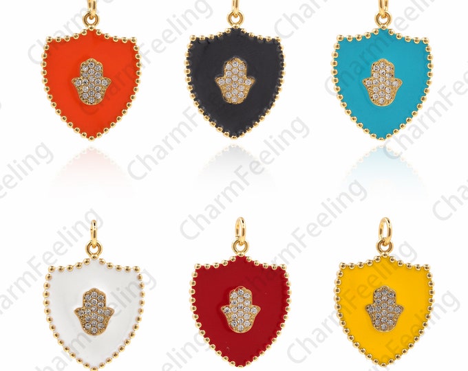 18K Gold Filled Shield Pendant, Enamel Hamsa Pendant, Shield Charm, Enamel Shield Necklace, Enamel Charm, Hamsa Charm 26x18x2mm
