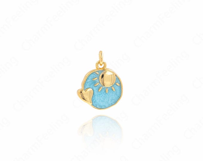 18K Gold Filled Round Pendant, Enamel Necklace,Heart Pendant, Crescent Charm,Sun Pendant, DIY Jewelry Supplies,16x12x2mm