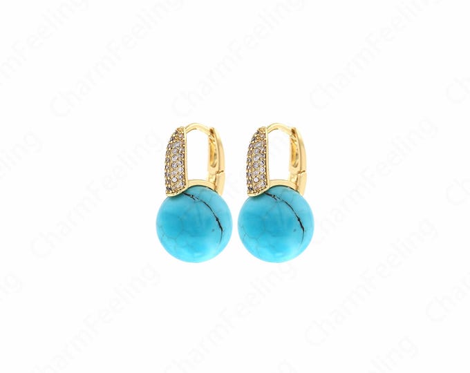Turquoise Round Earrings,Micropavé CZ Ball Earrings,18K Gold Filled Ball Earrings, Dainty Earrings, DIY Jewelry Supplies, 22.5x12.5x12.5mm