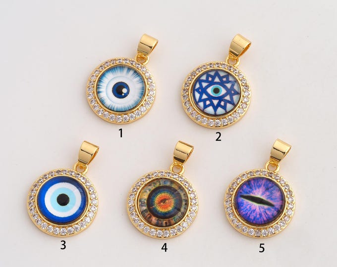 CZ Evil Eye Pendant,Enamel Devil Eye Pendant,18K Gold Filled Round Eye Charm,DIY Jewelry Accessories,25.2x17.6x5.8mm