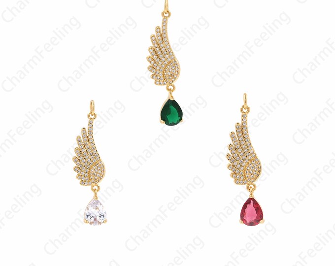 Wings Pendant, Micropavé CZ Wings Necklace, 18K Gold Filled Flying Necklace, Angel Wings Charm, DIY Jewelry Supplies, 10x40x4.3mm
