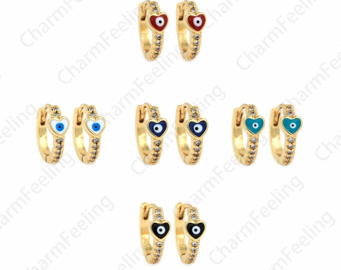 Eye Earrings,18K Gold Filled Round Earrings, Micropavé CZ Heart Earrings, Enamel Earrings, Earring Charm, DIY Jewelry Supplies, 13x15x5mm