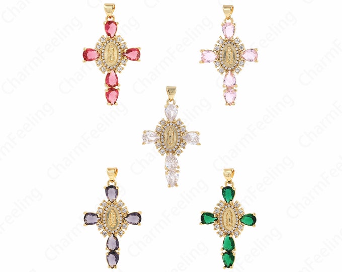 Virgin Jewelry, Christian Pendant,Micropavé CZ Religious Charm, 18K Gold Filled Cross Charm, DIY Jewelry Supplies, 40x24x5mm
