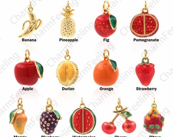 Pendentif en émail de fruits, Charme de pomme rempli d’or 18 carats, Charme de banane, Charme de grenade, Charme de mangue, Bijoux de fruits, Accessoires de bijoux DIY