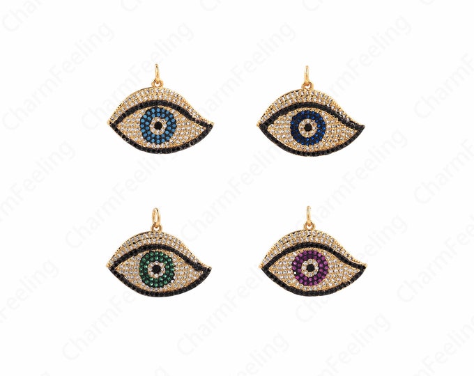 Micropavé CZ Dainty Eye Pendant, 18K Gold Filled Lucky Eye Pendant, Eye Pendant, DIY Jewelry Accessories, 21.5x26.5x2.5mm