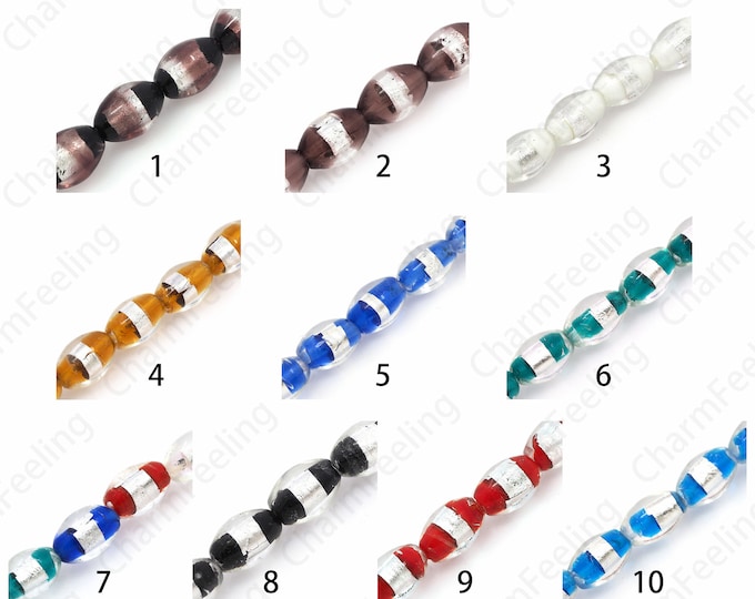Silver Foil Rice Spacer Beads, Glass Beads, Murano Glass Beads, Rice Spacer Beads, Hand Painted Spacer Beads, DIY Beading Supplies, 11x16mm