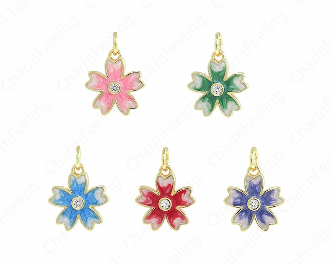 18K Gold Filled Flower Pendant, Round Flower Charm, Plant Charm,Enamel Charm,DIY Jewelry Supplies,17.3x12.5x2mm