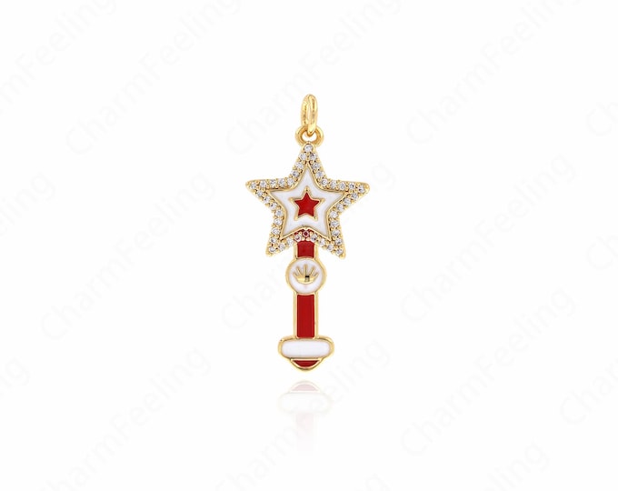 Enamel Cane Pendant, Wand Charm, Pentacle Pendant, 18K Gold Filled Pentacle Charm,Magic Wand Pendant, DIY Jewelry Supplies,33x14.5x2mm