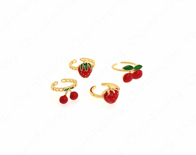 18K Gold Filled Strawberry Enamel Ring, Enamel Charm, Strawberry Charm, Enamel Multicolor Ring, Golden Open Ring,Adjustable Ring, Fruit Ring