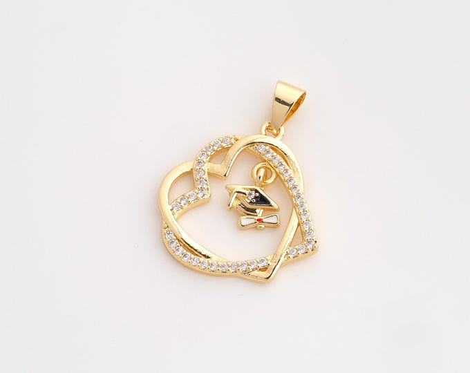 CZ Heart Pendant,Enamel Doctoral Cap Pendant,18K Gold Filled Diploma Scroll Charm,DIY Jewelry Accessories,28.2x22.3x2.4mm