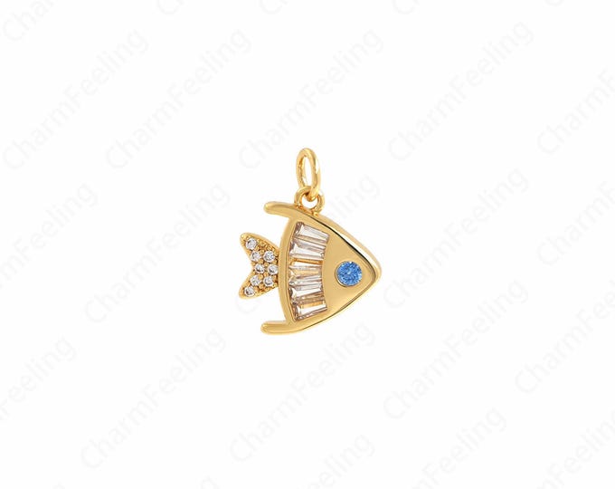 18K Gold Filled Tropical Fish Pendant, Micropavé CZ Fish Necklace, Tropical Fish Pendant, Marine Life Jewelry, Fish Jewelry, 17.4x13.5x2.4mm