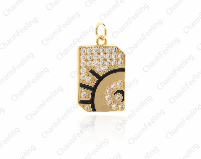 Eye Rectangle  Necklace Pendant，Eye Talisman Charm，Shiny Gold enamel eye charms，CZ Micro Pave Bracelet Charm 24×13×1.8mm  1pcs