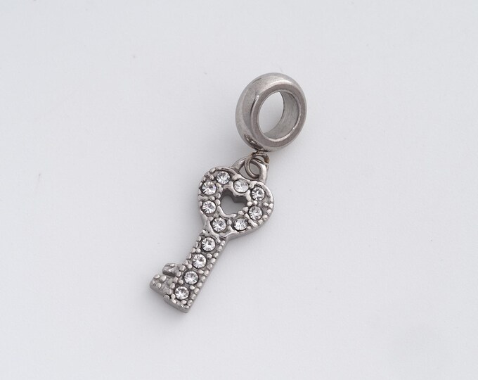Stainless Steel Heart Pendant,Love Key Charms,CZ Heart Key Charm, DIY Jewelry Supplies, 29.5x8.5x2.4mm