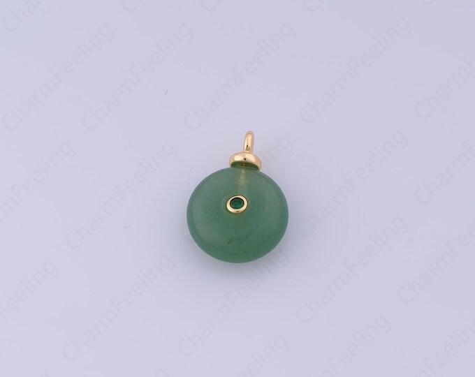 Green Aventurine Charm,18K Gold Filled Natural Stone Charm,Round Pendant, Micropavé CZ Round Pendant, DIY Jewelry Accessories,17.8x12.8x5mm