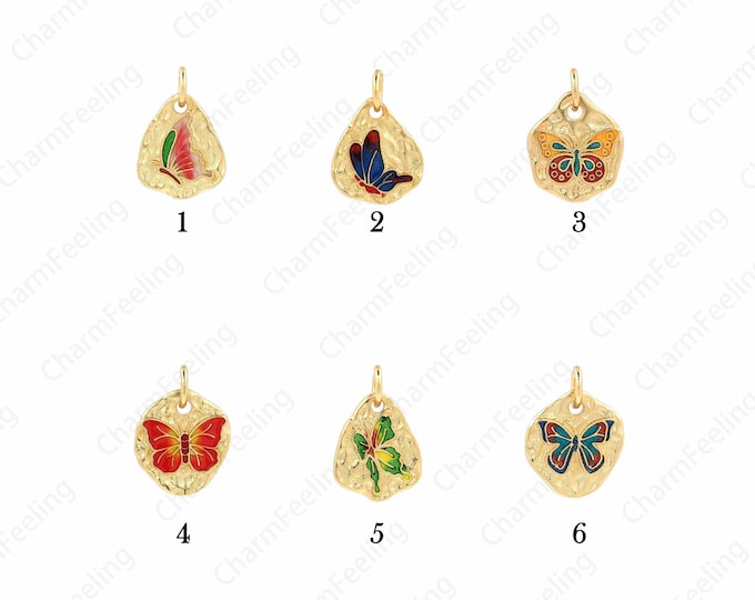 Enamel Charm, Micro-pave CZ Butterfly Charm, Insect Charm, 18K Gold Filled Butterfly Pendant, Oval Enamel Butterfly Necklace,15x11x1.5mm