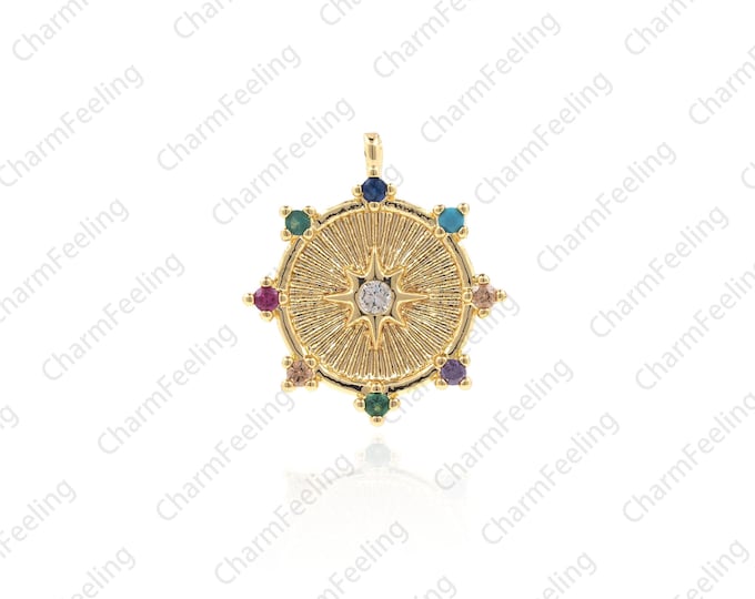Gold CZ Pave Starburst， Cubic Zirconia ，north star charm， Star Coin Circle  17x15x2.3mm 1pcs