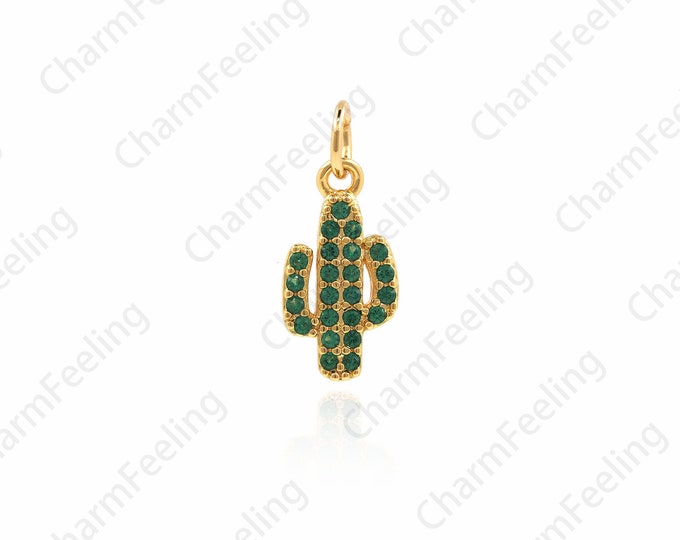 Green Cactus Pendant，Brass Gold-Plated Cactus For Bracelet， Plant Charm For Jewerly Making 17.7x7.3x1.8mm 1pcs